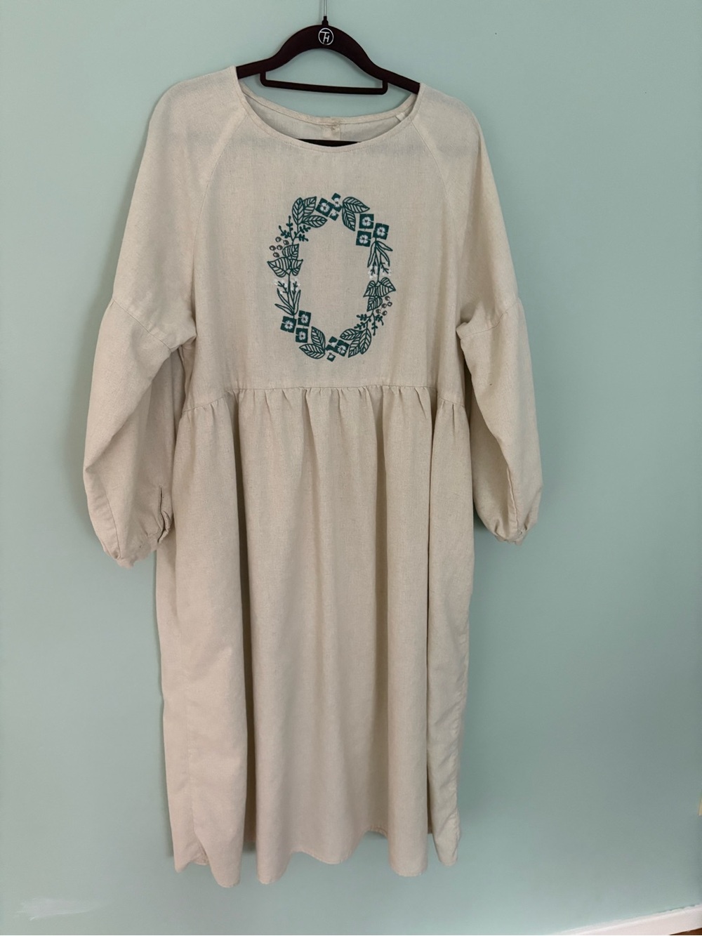 Cream women’s ' Long Sleeve Dress with Teal Floral Motif